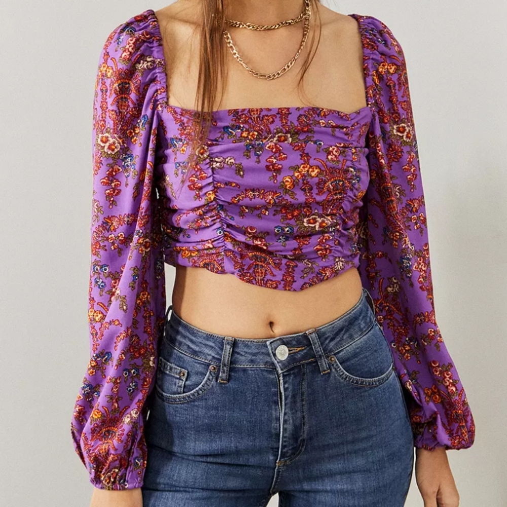 Urban Outfitters UO Bambi Floral Ruched Front Top in Purple Combo Floral size XS
